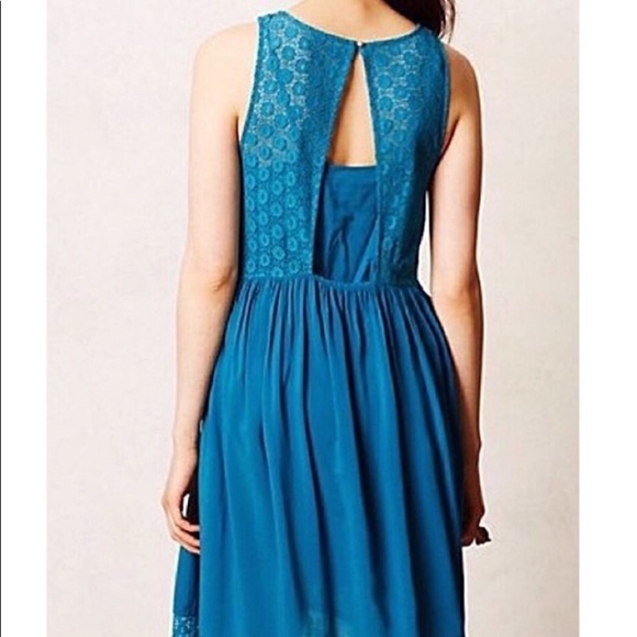 Anthro Lilka Crochet Lace Cutout Panel Bright Blue A-Line Swing Dress w/Pockets - Picture 4 of 11
